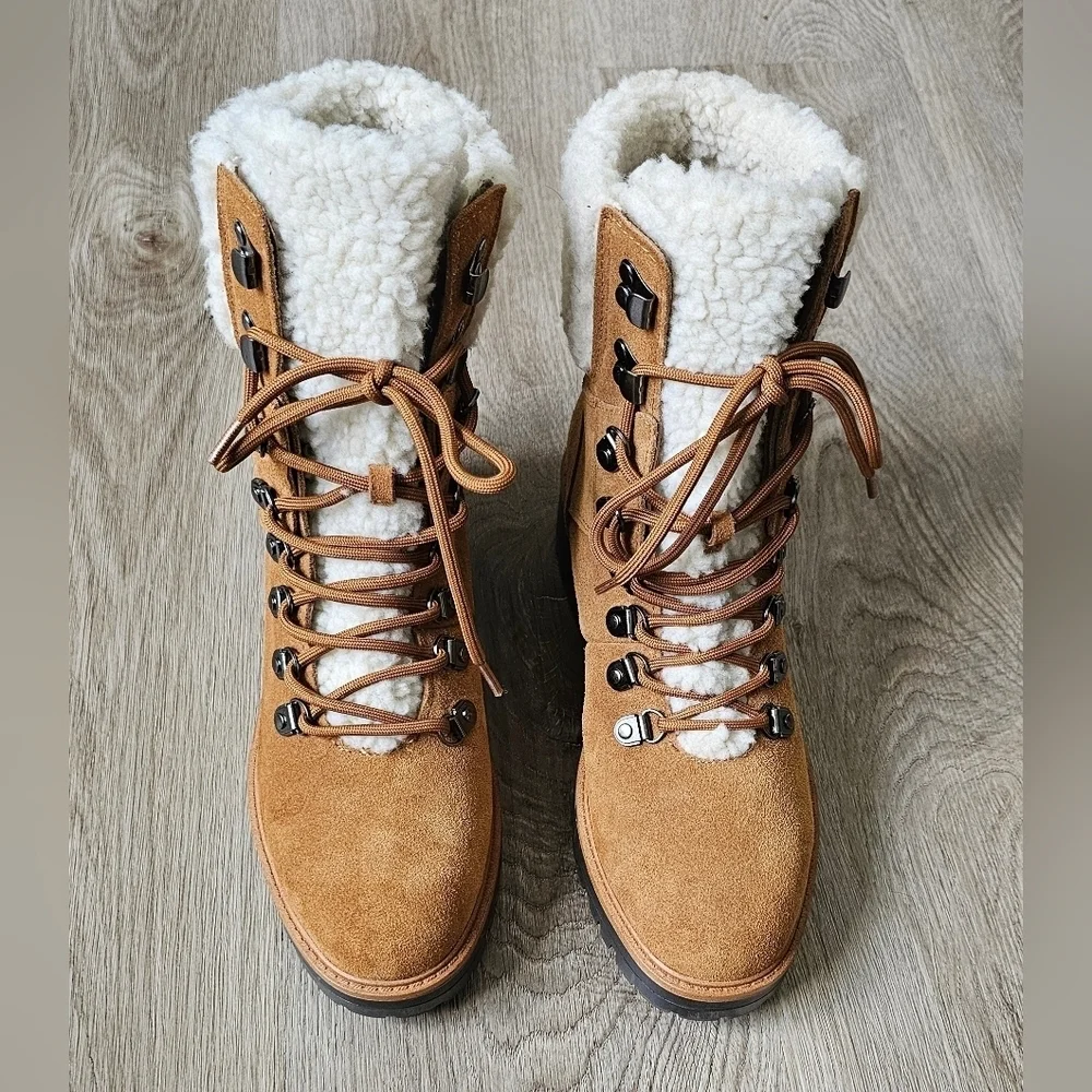 Marc Fisher Tan Suede Sherpa-Lined Lace-Up Winter Boots – Size 8M - Picture 6 of 12